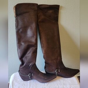 John Fleuvog Thigh high pull on boots, size 7 in brown